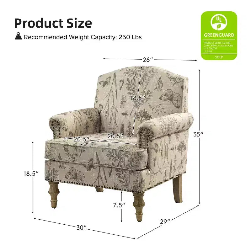 Wooden Upholstered Floral Pattern Armchair with Panel Arms and Camelback