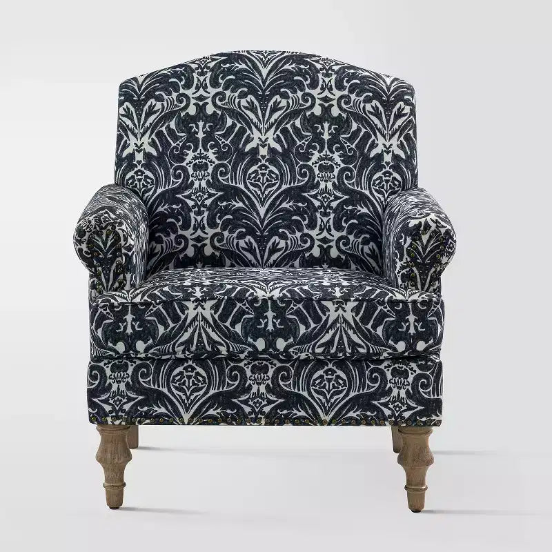 Wooden Upholstered Floral Pattern Armchair with Panel Arms and Camelback