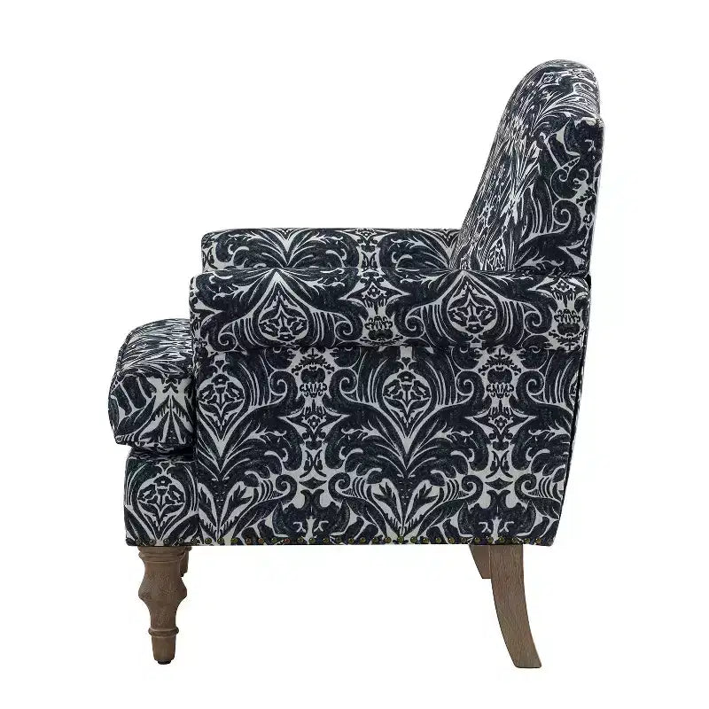 Wooden Upholstered Floral Pattern Armchair with Panel Arms and Camelback