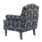 Wooden Upholstered Floral Pattern Armchair with Panel Arms and Camelback