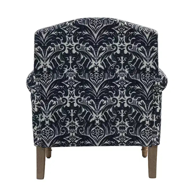 Wooden Upholstered Floral Pattern Armchair with Panel Arms and Camelback