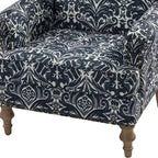 Wooden Upholstered Floral Pattern Armchair with Panel Arms and Camelback