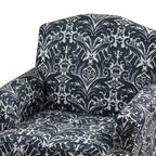 Wooden Upholstered Floral Pattern Armchair with Panel Arms and Camelback