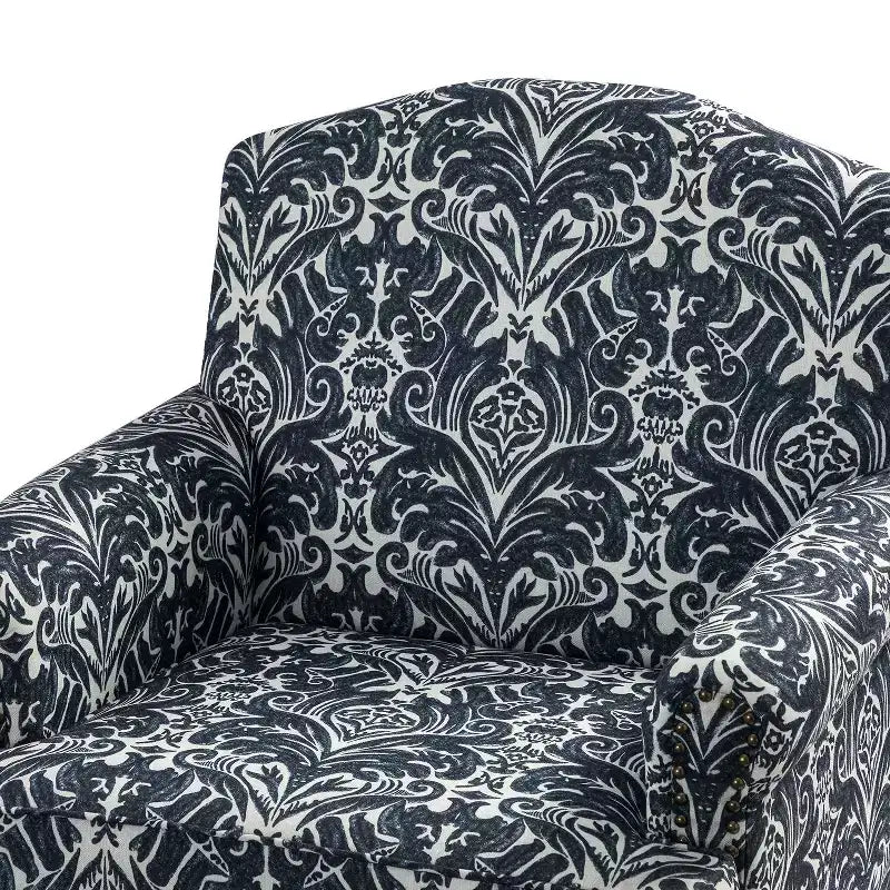 Wooden Upholstered Floral Pattern Armchair with Panel Arms and Camelback