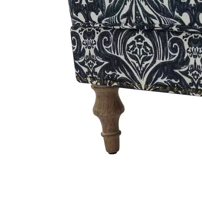 Wooden Upholstered Floral Pattern Armchair with Panel Arms and Camelback