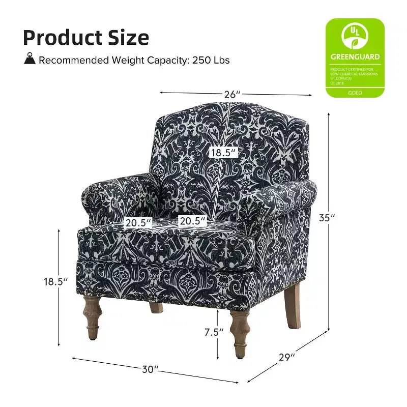 Wooden Upholstered Floral Pattern Armchair with Panel Arms and Camelback