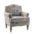 Wooden Upholstered Floral Pattern Armchair with Panel Arms and Camelback