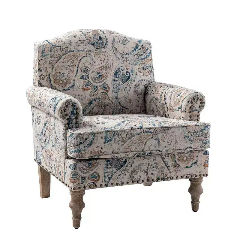 Wooden Upholstered Floral Pattern Armchair with Panel Arms and Camelback