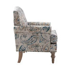 Wooden Upholstered Floral Pattern Armchair with Panel Arms and Camelback