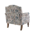 Wooden Upholstered Floral Pattern Armchair with Panel Arms and Camelback