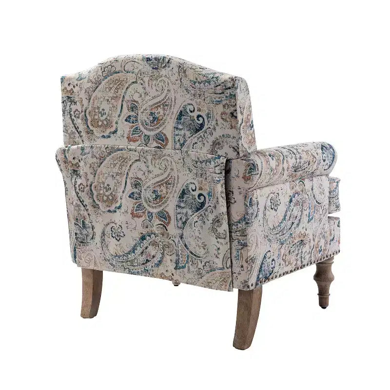 Wooden Upholstered Floral Pattern Armchair with Panel Arms and Camelback