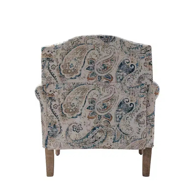 Wooden Upholstered Floral Pattern Armchair with Panel Arms and Camelback