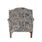 Wooden Upholstered Floral Pattern Armchair with Panel Arms and Camelback