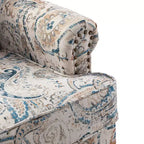 Wooden Upholstered Floral Pattern Armchair with Panel Arms and Camelback