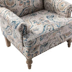Wooden Upholstered Floral Pattern Armchair with Panel Arms and Camelback