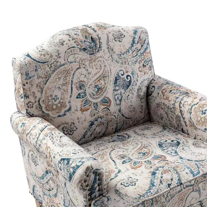 Wooden Upholstered Floral Pattern Armchair with Panel Arms and Camelback