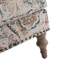 Wooden Upholstered Floral Pattern Armchair with Panel Arms and Camelback