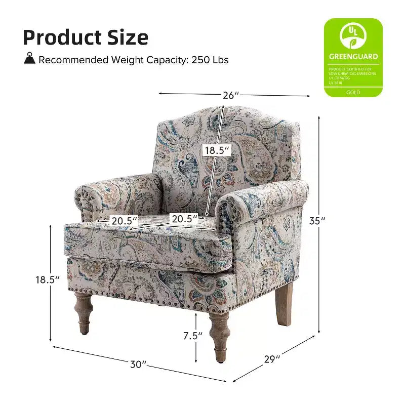 Wooden Upholstered Floral Pattern Armchair with Panel Arms and Camelback