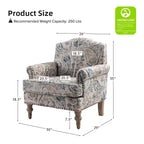 Wooden Upholstered Floral Pattern Armchair with Panel Arms and Camelback