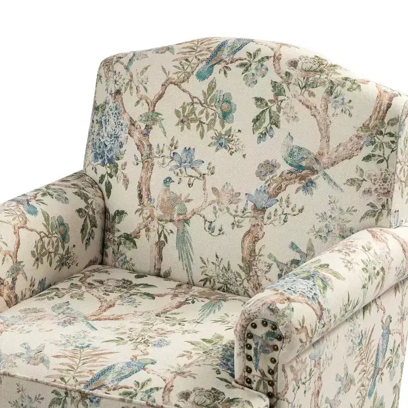 Wooden Upholstered Floral Pattern Armchair with Panel Arms and Camelback