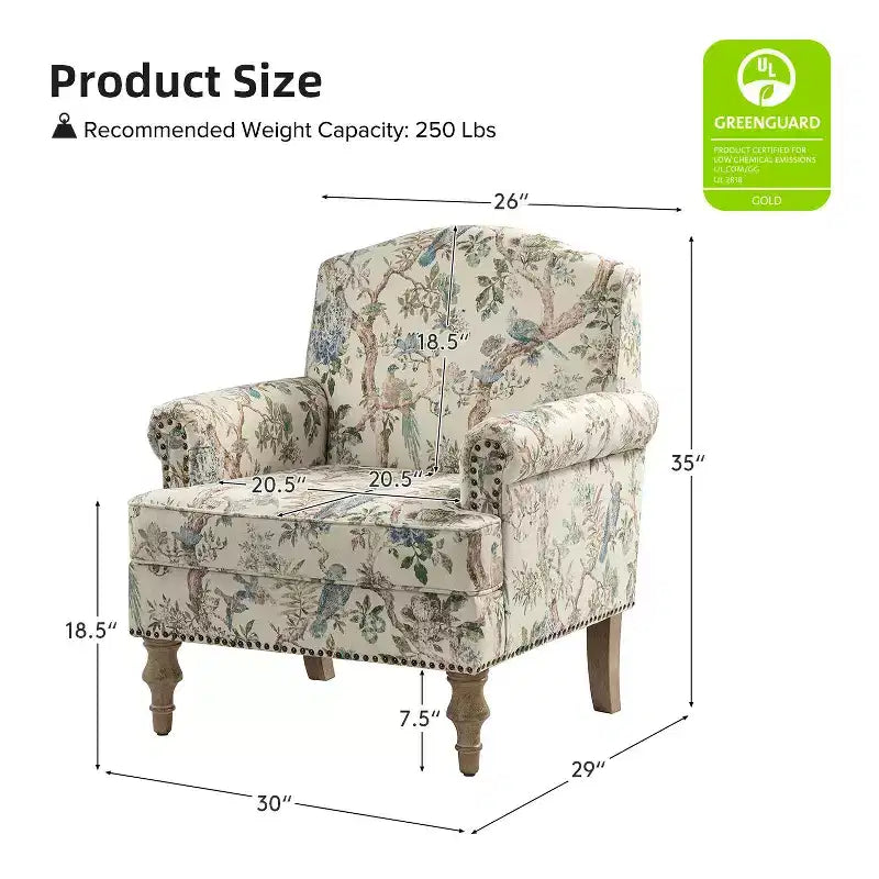 Wooden Upholstered Floral Pattern Armchair with Panel Arms and Camelback