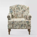 Wooden Upholstered Floral Pattern Armchair with Panel Arms and Camelback