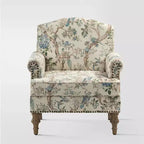 Wooden Upholstered Floral Pattern Armchair with Panel Arms and Camelback