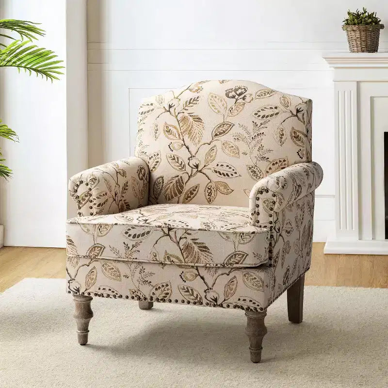 Wooden Upholstered Floral Pattern Armchair with Panel Arms and Camelback