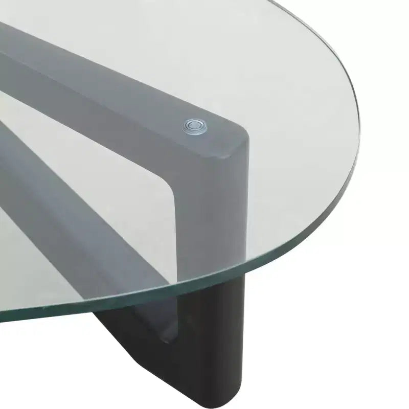Triangular Glass Top Coffee Table with Glossy Ash Wood Base for Home, Living Room, Office