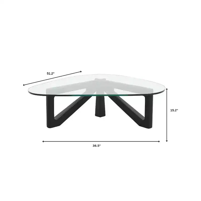 Triangular Glass Top Coffee Table with Glossy Ash Wood Base for Home, Living Room, Office