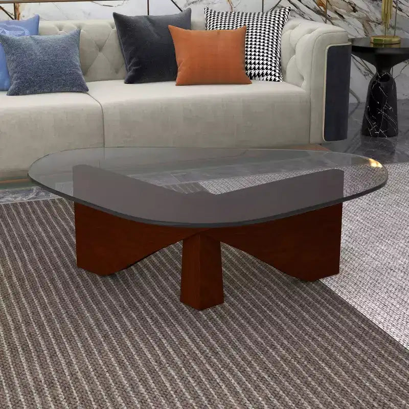 Triangular Glass Top Coffee Table with Glossy Ash Wood Base for Home, Living Room, Office