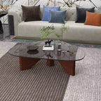 Triangular Glass Top Coffee Table with Glossy Ash Wood Base for Home, Living Room, Office