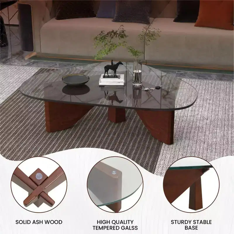 Triangular Glass Top Coffee Table with Glossy Ash Wood Base for Home, Living Room, Office