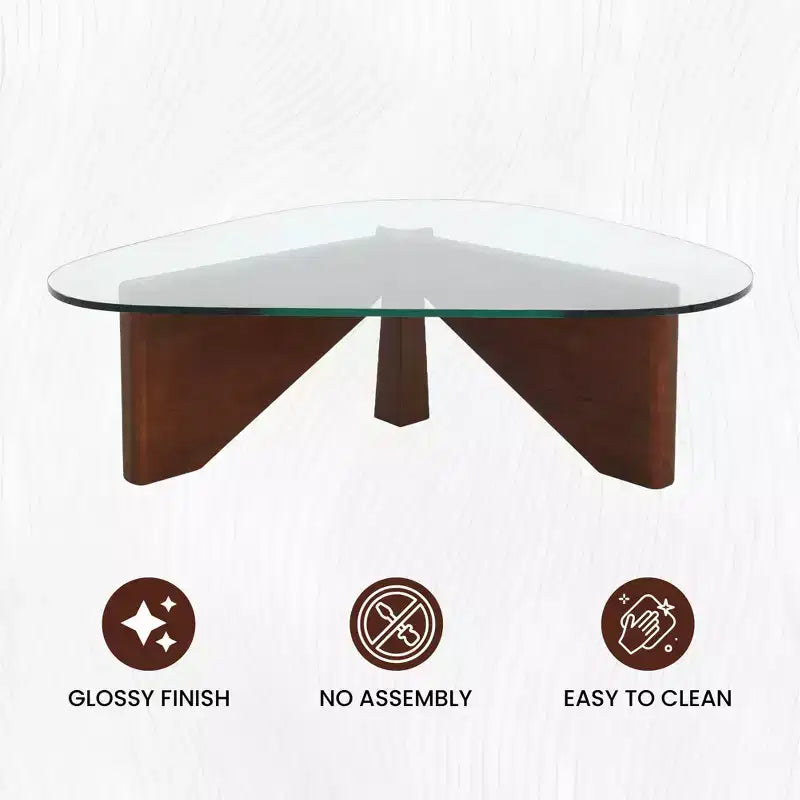 Triangular Glass Top Coffee Table with Glossy Ash Wood Base for Home, Living Room, Office