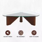 Triangular Glass Top Coffee Table with Glossy Ash Wood Base for Home, Living Room, Office