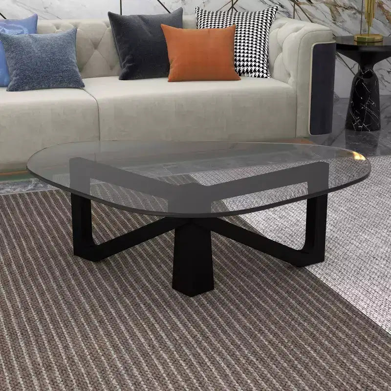 Triangular Glass Top Coffee Table with Glossy Ash Wood Base for Home, Living Room, Office