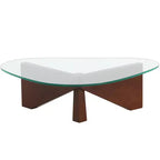 Triangular Glass Top Coffee Table with Glossy Ash Wood Base for Home, Living Room, Office
