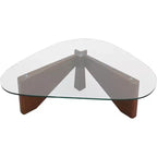 Triangular Glass Top Coffee Table with Glossy Ash Wood Base for Home, Living Room, Office