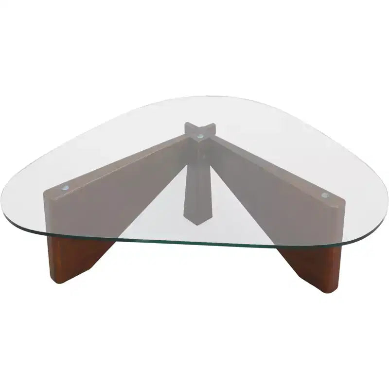 Triangular Glass Top Coffee Table with Glossy Ash Wood Base for Home, Living Room, Office