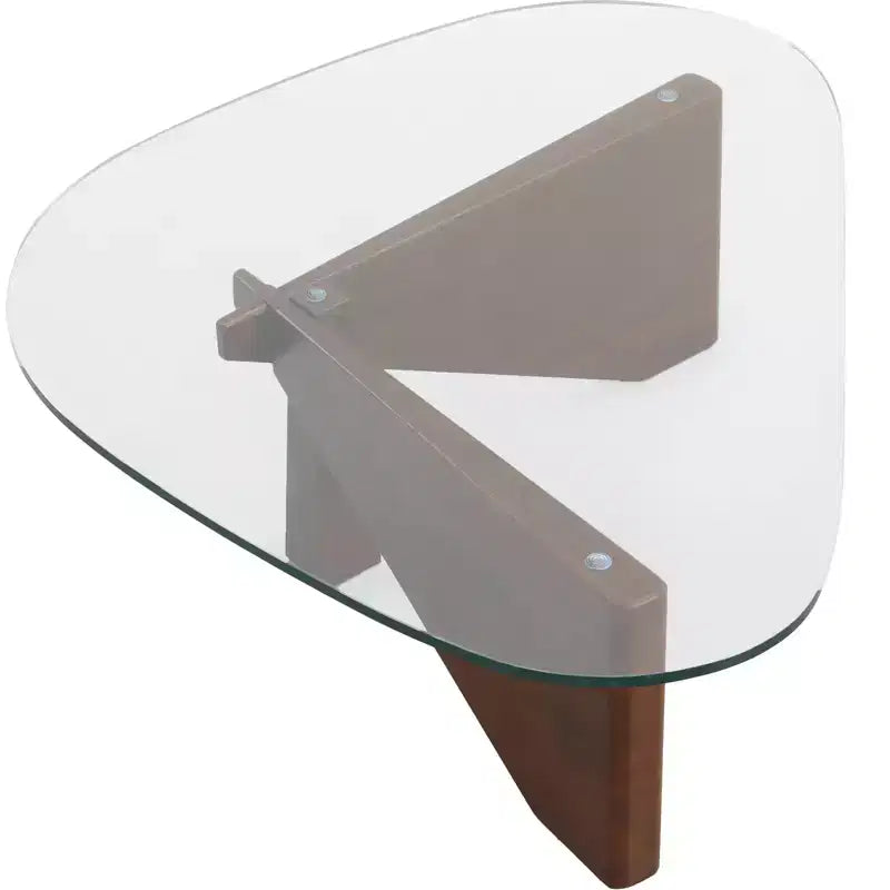 Triangular Glass Top Coffee Table with Glossy Ash Wood Base for Home, Living Room, Office