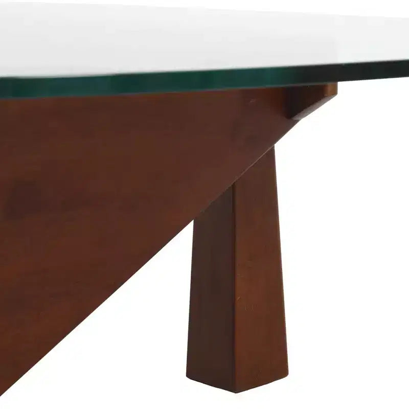 Triangular Glass Top Coffee Table with Glossy Ash Wood Base for Home, Living Room, Office