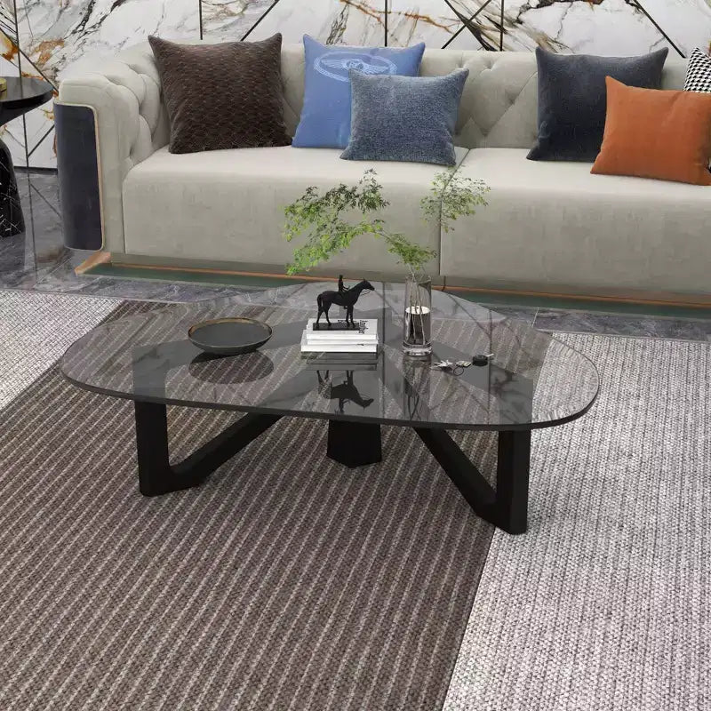 Triangular Glass Top Coffee Table with Glossy Ash Wood Base for Home, Living Room, Office