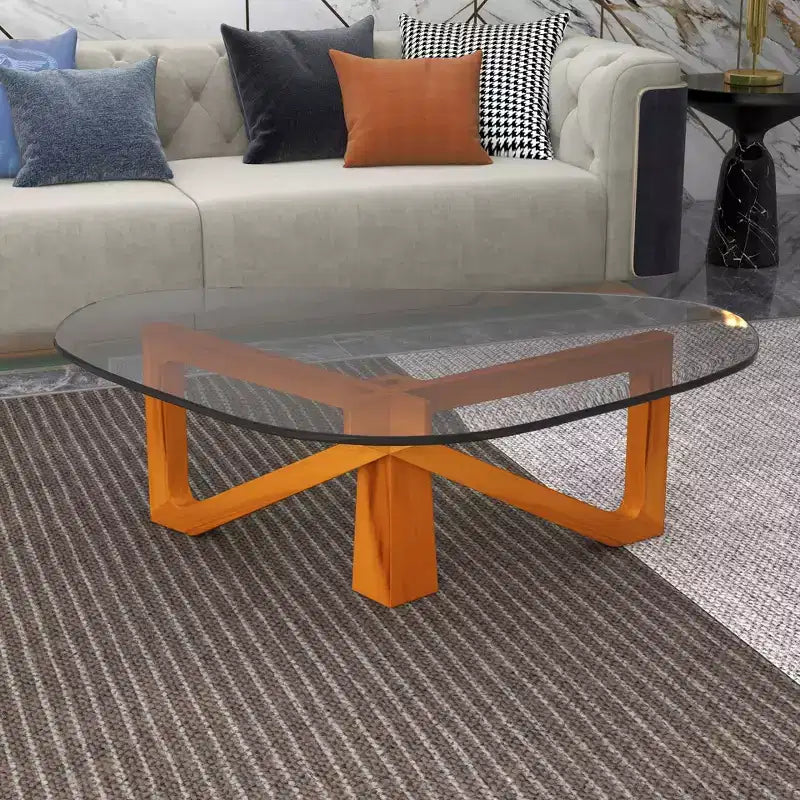 Triangular Glass Top Coffee Table with Glossy Ash Wood Base for Home, Living Room, Office