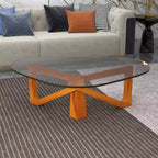 Triangular Glass Top Coffee Table with Glossy Ash Wood Base for Home, Living Room, Office