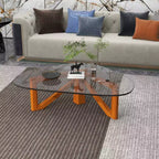 Triangular Glass Top Coffee Table with Glossy Ash Wood Base for Home, Living Room, Office