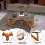 Triangular Glass Top Coffee Table with Glossy Ash Wood Base for Home, Living Room, Office
