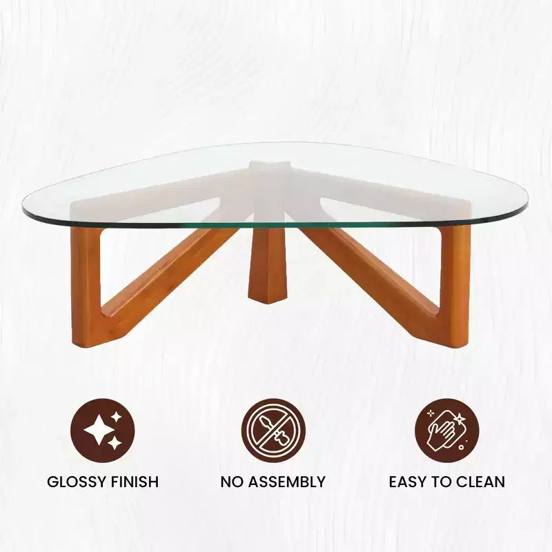 Triangular Glass Top Coffee Table with Glossy Ash Wood Base for Home, Living Room, Office