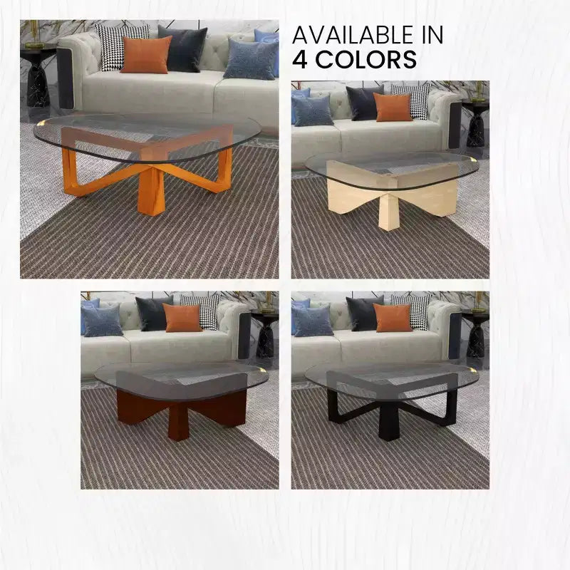 Triangular Glass Top Coffee Table with Glossy Ash Wood Base for Home, Living Room, Office