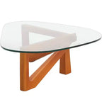 Triangular Glass Top Coffee Table with Glossy Ash Wood Base for Home, Living Room, Office