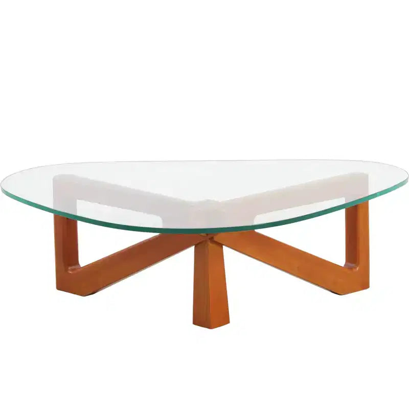Triangular Glass Top Coffee Table with Glossy Ash Wood Base for Home, Living Room, Office